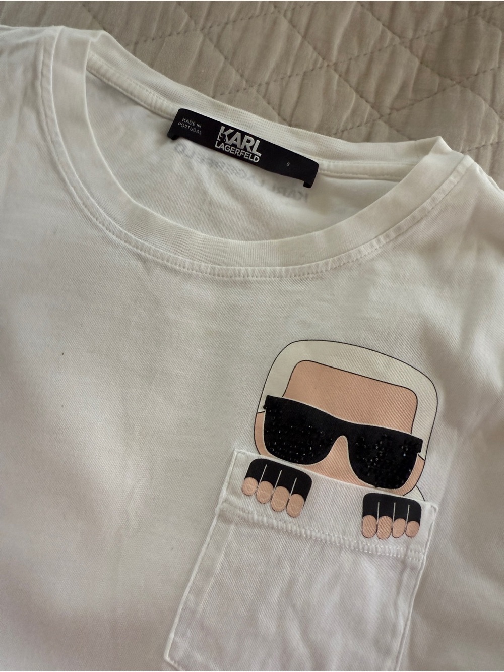 Karl Lagerfeld White Crewneck Tee with Black Logo Tag